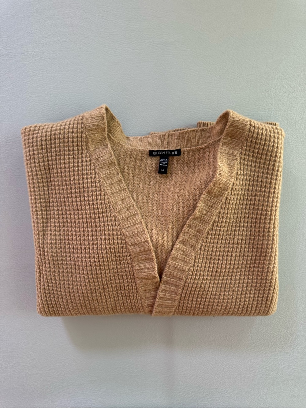 Eileen Fisher Cardigan Cashmere and Wool Waffle Knit Tan Camel Women’s Large